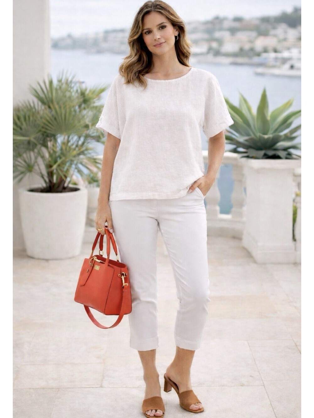 Giusy Linen Boxy Top Womens M Italy Lt Beige Coastal Chic Beachy Resort